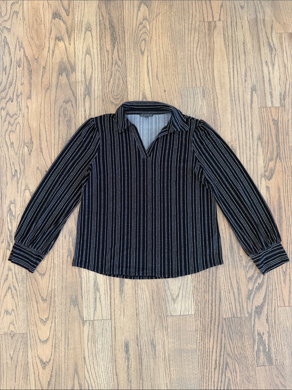 Adrianna Papell Women’s Black Striped Long-Sleeve Pullover Collared Blouse L